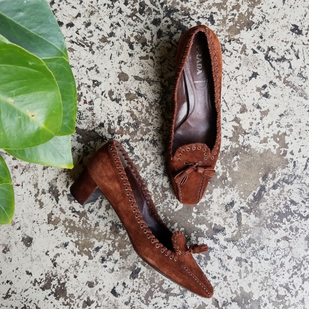 Prada Suede Tassel Block Heels